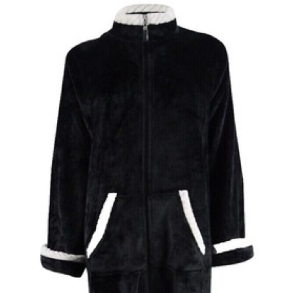 MISS ELAINE Plush Black Maxi Fleece Robe Full Front Zip White Rope Trim Size XL - Picture 4 of 13